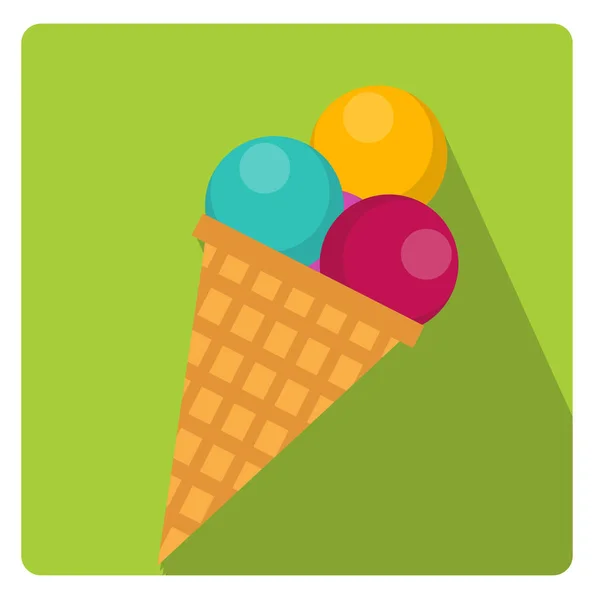 Ice cream cone ploché styl ikon s dlouhými stíny, izolované na bílém pozadí. Vektorové ilustrace. — Stockový vektor