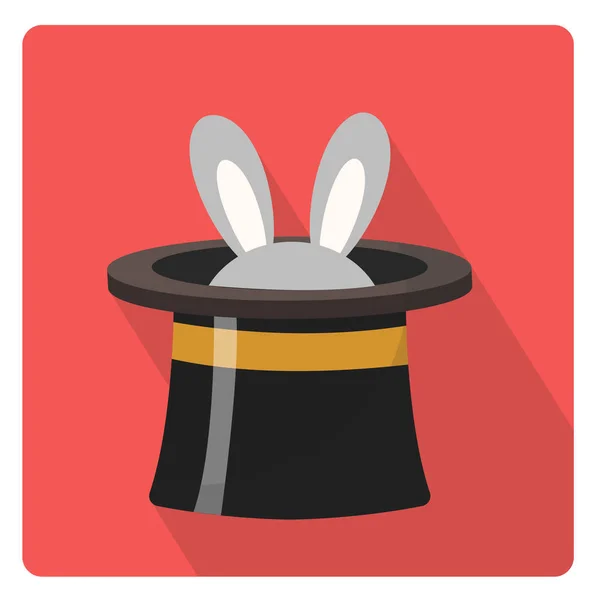 Sombrero mago con icono de conejo de estilo plano con largas sombras, aislado sobre fondo blanco. Ilustración vectorial. — Archivo Imágenes Vectoriales