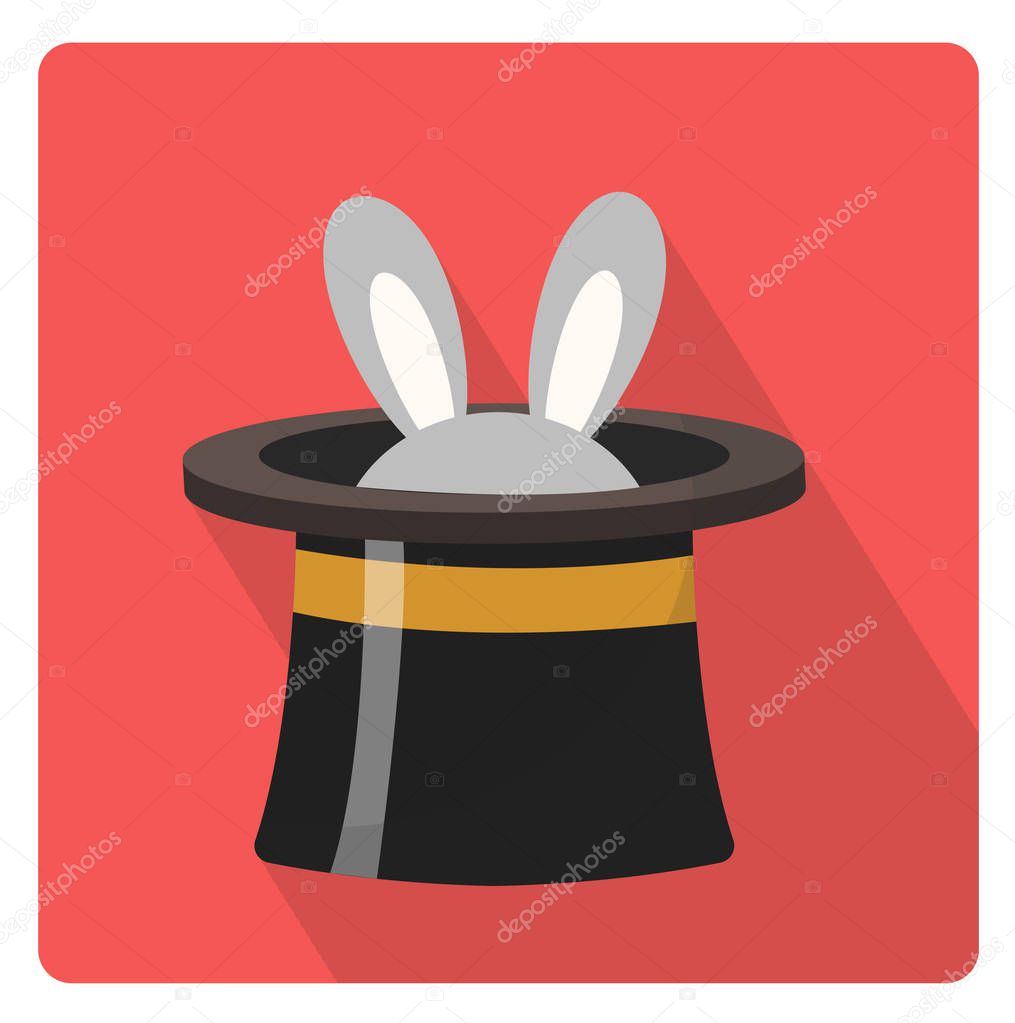 Magician hat with a rabbit icon flat style with long shadows, isolated on white background. Vector illustration.