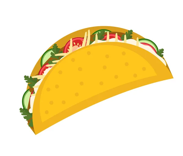 Ikon taco datar, gaya kartun diisolasi pada latar belakang putih. Vektor ilustrasi, clip art. Makanan tradisional Meksiko. - Stok Vektor