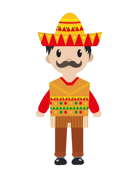 Mexikaner in einer traditionellen Suite Ikone flach, Cartoon-Stil. Der Mensch isoliert auf weißem Hintergrund. Vektorillustration, Clip Art. — Stockvektor