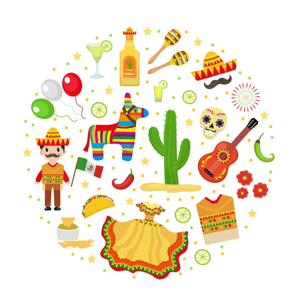 Celebración del Cinco de Mayo en México, iconos engarzados en forma redonda, elemento de diseño, estilo plano. Ilustración vectorial. — Vector de stock