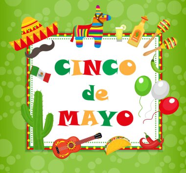 Cinco de Mayo tebrik kartı, broşür, poster, davetiye. Geleneksel sembollerle Meksika kutlaması. Vektör illüstrasyonu.
