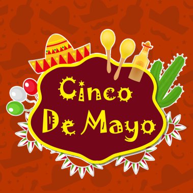 Cinco de Mayo tebrik kartı, broşür, poster, davetiye. Geleneksel sembollerle Meksika kutlaması. Vektör illüstrasyonu.