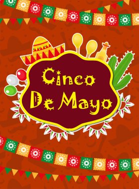 Cinco de Mayo tebrik kartı, broşür, poster, davetiye. Geleneksel sembollerle Meksika kutlaması. Vektör illüstrasyonu.