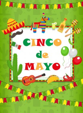 Cinco de Mayo tebrik kartı, broşür, poster, davetiye. Geleneksel sembollerle Meksika kutlaması. Vektör illüstrasyonu.
