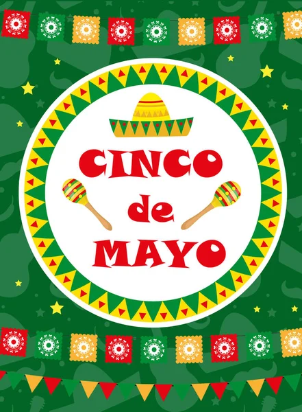 Cinco de Mayo cartão, modelo para panfleto, cartaz, convite. Celebração mexicana com símbolos tradicionais. Ilustração vetorial. — Vetor de Stock