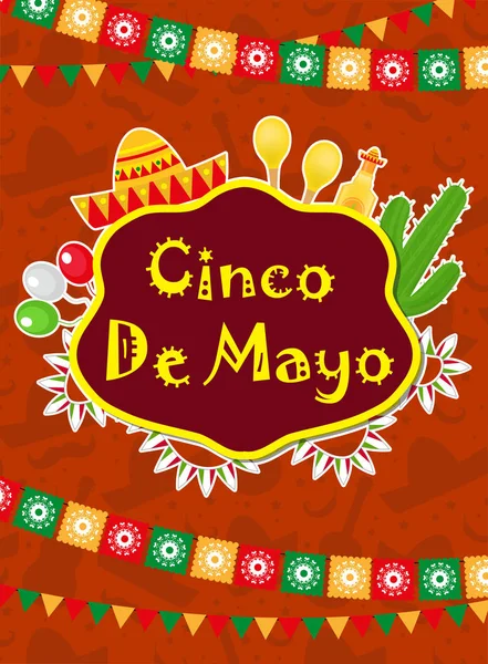 Cinco de Mayo wenskaart, sjabloon voor flyer, poster, uitnodiging. Mexicaanse viering met traditionele symbolen. Vectorillustratie. — Stockvector