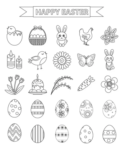 Ensemble d'icônes joyeux Pâques, style ligne, gribouillage, dessin à la main. Illustration vectorielle. — Image vectorielle