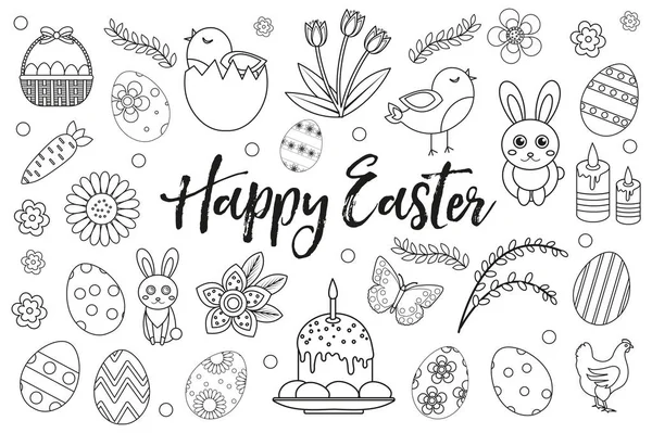 Happy Easter collection object, elemento di design. Disegno a mano, stile contorno. Set di pagine da colorare pasquali. Illustrazione vettoriale, clip art. — Vettoriale Stock