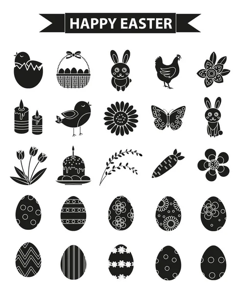 Set di icone Buona Pasqua, silhouette nera, stile contorno. Illustrazione vettoriale. — Vettoriale Stock