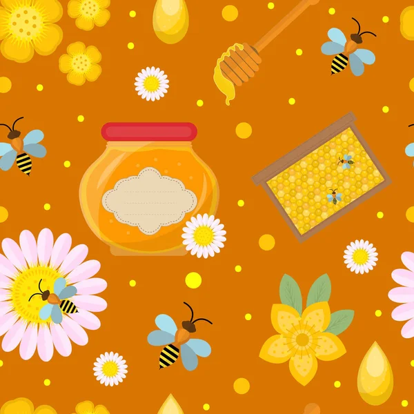 Honey seamless pattern. Beekeeping endless background, texture. Vector illustration. — Stock Vector