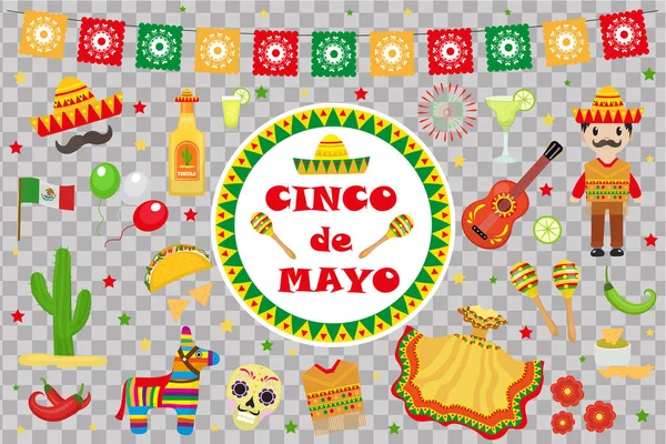 Cinco de Mayo feest in Mexico, iconen set, ontwerpelement, vlakke stijl. Collectieobjecten voor Cinco de Mayo parade met pinata, voedsel, sambrero, tequila, cactus. Vectorillustratie, illustraties — Stockvector