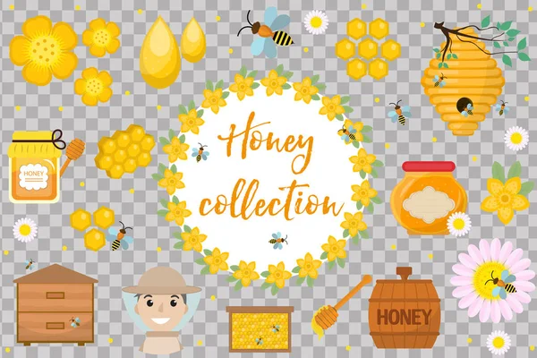 Collection de miel. Ensemble apicole d'objets isolés sur fond blanc. Kit apiculture d'éléments de design plat, style dessin animé. Illustration vectorielle, clip-art. — Image vectorielle