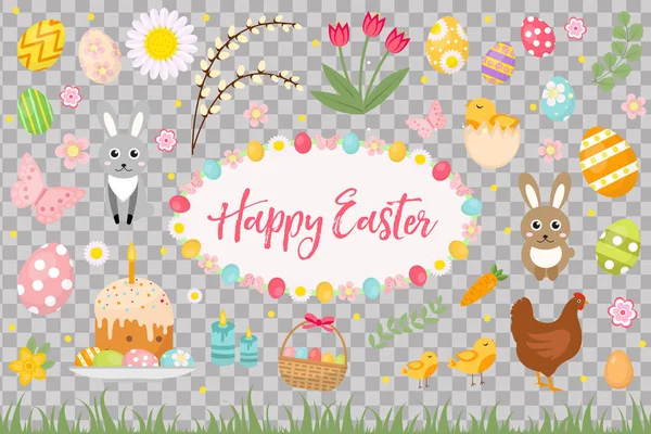 Feliz Pascua objeto de colección, elemento de diseño. set de primavera con pastel, cesta, huevos, conejito, flores, nidos y más. Ilustración vectorial, clip art . — Vector de stock