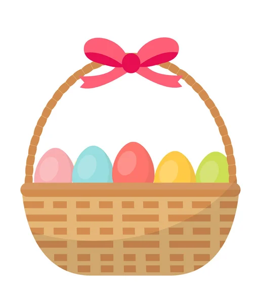 Cesta con huevos pintados. Icono de cesta de Pascua, estilo plano. Aislado sobre fondo blanco. Ilustración vectorial, clip-art. — Vector de stock