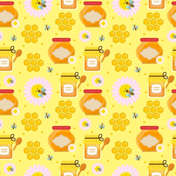 Honey seamless pattern. Beekeeping endless background, texture. Vector illustration. — Stock Vector