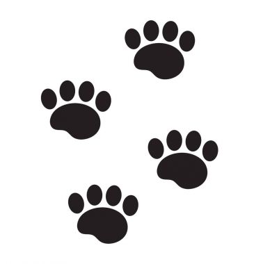 Bir hayvan ikonunun ayak izleri, düz, çizgi film tarzı. Beyaz arka planda izole köpek pençesi izleri var. Vektör illüstrasyonu, klip sanatı.