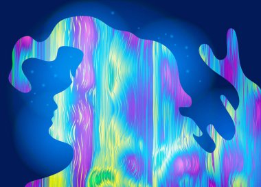 Soyut kız, psychedelic stili arka plan. Bilinçli rüya, bilinçli rüya, yaratıcı kavramı. Vektör çizim.
