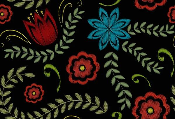 刺繍トレンディーな花シームレスパターン。花は無限の背景、質感を飾ります。ベクターイラスト. — ストックベクタ