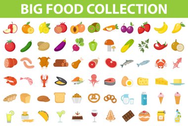 Büyük gıda Icons set, stil düz. Meyve, sebze, et, balık, ekmek, süt, tatlı. Beyaz arka plan üzerinde izole yemek simgesi. Malzemeler koleksiyonu. Vektör çizim.
