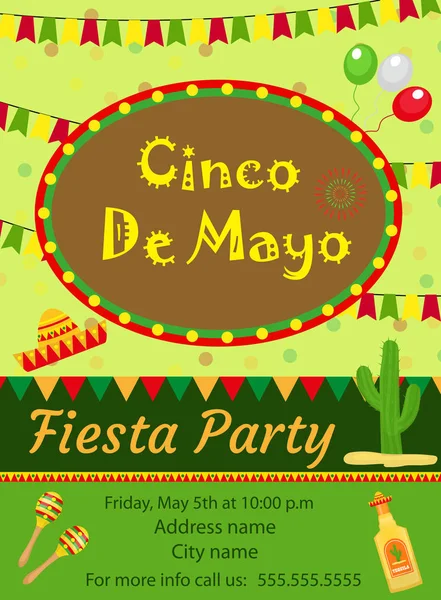 Cinco de Mayo invitation template, flyer. Mexican holiday postcard. Vector illustration. — Stock Vector