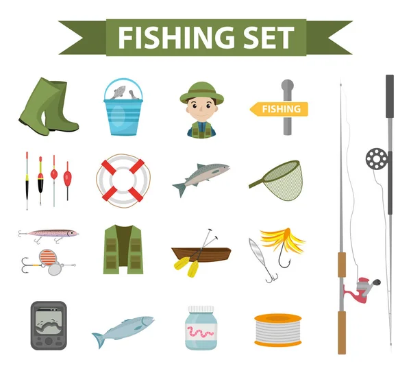 Rybářské sady ikon, plochá, kreslený styl. Rybolovu kolekce objektů, prvků, izolovaných na bílém pozadí. S nástroje s rybářský prut, náčiní, návnady, rybářské lodi. Ilustrační vektorové, klipart — Stockový vektor
