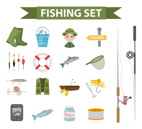 Set di icone di pesca, piatto, stile cartone animato. Oggetti della collezione Fishery, elementi di design, isolati su sfondo bianco. Attrezzi del pescatore con una canna da pesca, affrontare, esca, barca. ilustrazione vettoriale, clipart — Vettoriale Stock