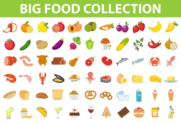 Große Menge Symbole Essen, flachen Stil. Obst, Gemüse, Fleisch, Fisch, Brot, Milch, Süßigkeiten. Essen Symbol isoliert auf weißem Hintergrund. Zutaten sammeln. Vektorillustration. — Stockvektor