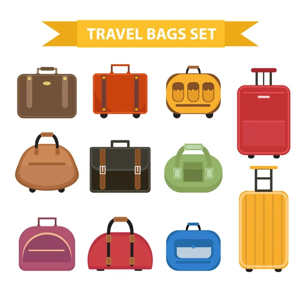 Travel bags icon set, platte stijl, geïsoleerd op een witte achtergrond. Verzamel verschillende koffers, bagage. Vectorillustratie. — Stockvector