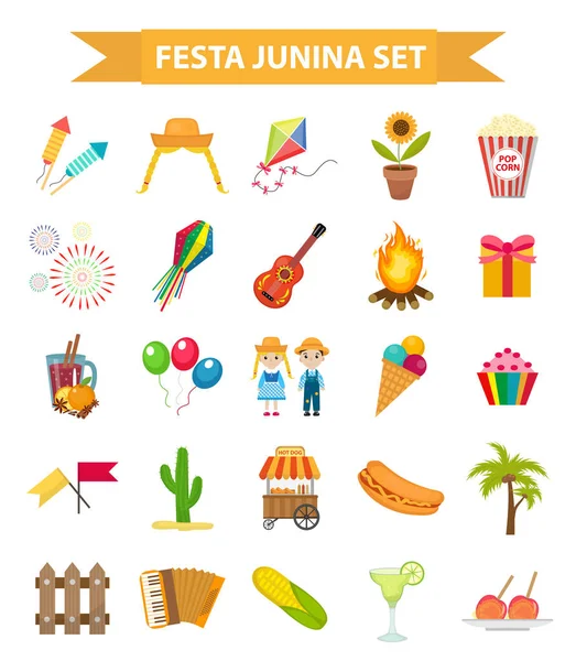 Festa Junina conjunto de iconos, de estilo plano. Festival Latinoamericano Brasileño, celebración de símbolos tradicionales. Colección de elementos de diseño, aislados sobre fondo blanco. Ilustración vectorial, clip-art . — Vector de stock