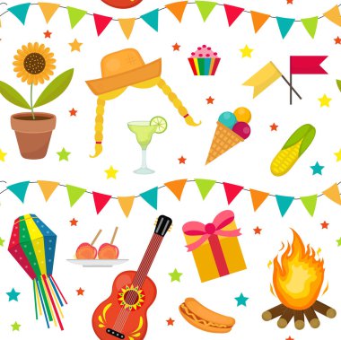 Festa Junina kusursuz desen. Brezilya Latin Amerika festivali sonsuz arka plan. Dokuyu geleneksel sembollerle tekrarlamak. Vektör illüstrasyonu.