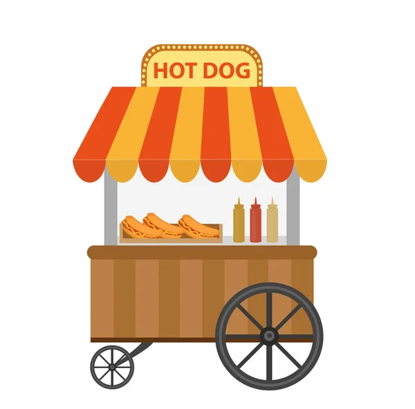 Obchod s hot dogy, vozík. ikona plochá, kreslený styl. Koncept rychlého občerstvení izolovaný na bílém pozadí. Vektorová ilustrace, kliparty. — Stockový vektor