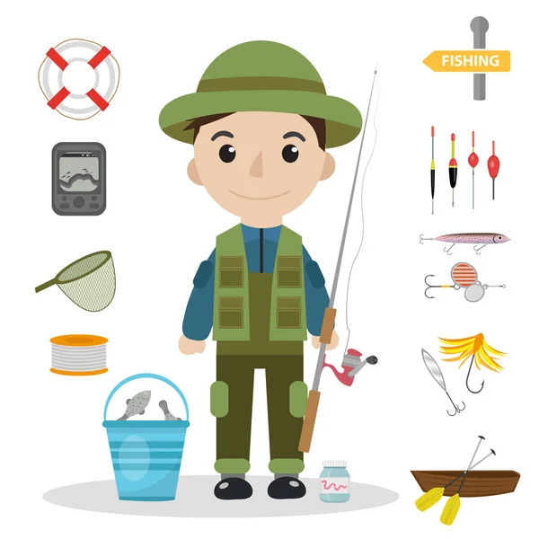 Fishing icon set, flat, cartoon style. Fishery collection objects, design elements, isolated on white background. Fisherman s tools with a fishing rod, tackle, bait, boat. Vector ilustration — Stock Vector