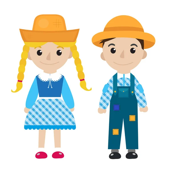 Festa Junina girl and boy in traditional festive costume icon flat, cartoon style. Isolated on white background. Vector illustration, clip-art. — Stock Vector