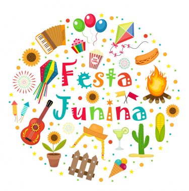 Festa Junina 'nın ikonları yuvarlak şekildeydi. Brezilya Latin Amerika Festivali geleneksel sembollü tasarım elementleri koleksiyonu. Vektör illüstrasyonu.