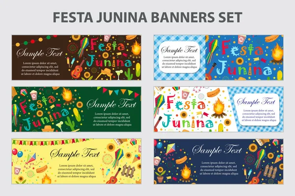 Festa Junina banner diatur dengan spasi untuk teks. Templat festival Amerika Latin Brasil untuk rancanganmu dengan simbol tradisional. Ilustrasi vektor. - Stok Vektor
