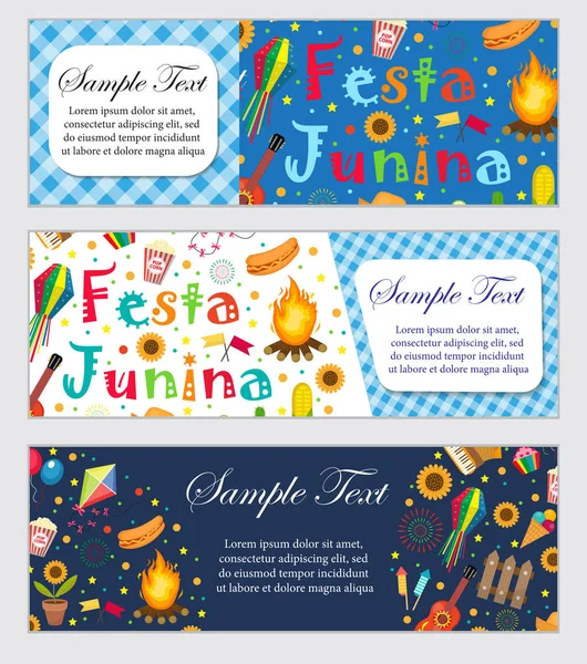 Festa Junina banner con spazio per il testo. Sagra brasiliana latino-americana modello per il vostro disegno con simboli tradizionali. Illustrazione vettoriale. — Vettoriale Stock