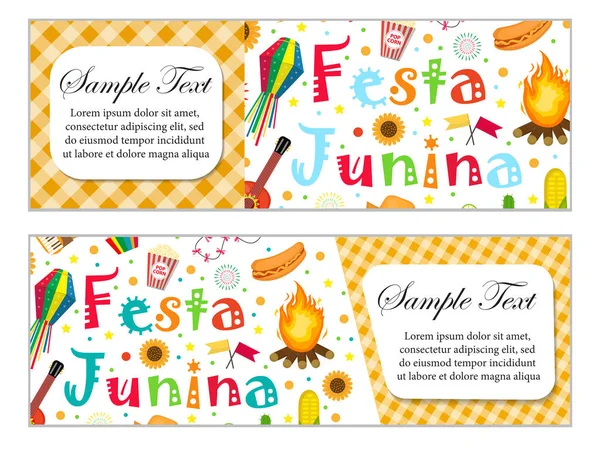 Bannière Festa Junina avec espace pour le texte. Modèle de festival brésilien latino-américain pour votre design avec des symboles traditionnels. Illustration vectorielle. — Image vectorielle