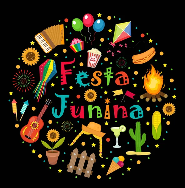 Conjunto de iconos Festa Junina en forma redonda. Fiesta brasileña latinoamericana colección de elementos de diseño con símbolos tradicionales. Ilustración vectorial. — Vector de stock