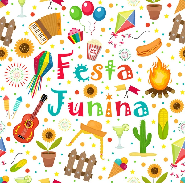 Festa Junina kusursuz desen. Brezilya Latin Amerika festivali sonsuz arka plan. Dokuyu geleneksel sembollerle tekrarlamak. Vektör illüstrasyonu.