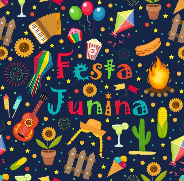 Patrón sin costuras Festa Junina. Festival Latinoamericano Brasileño de fondo infinito. Repetir la textura con símbolos tradicionales. Ilustración vectorial. — Vector de stock