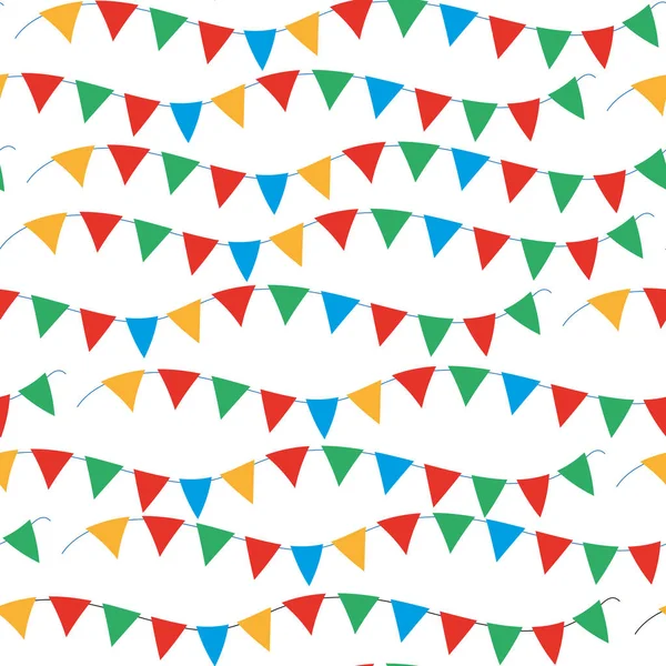 Kids, carnival seamless pattern with bunting, garlands. Bright festive background, texture with ribbons. Vector illustration. — Stock Vector