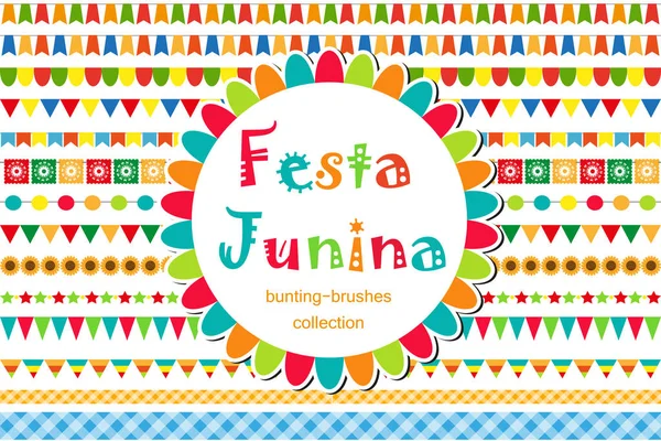 Festa Junina modelado conjunto de pinceles, bunting, banderas. Decoraciones festivas, borde aislado sobre fondo blanco. Ilustración vectorial . — Vector de stock