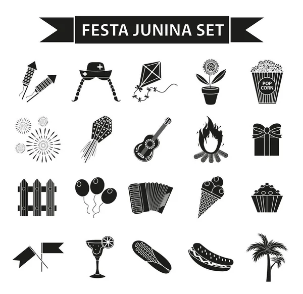 Conjunto de iconos Festa Junina, estilo silueta negra. Fiesta brasileña, celebración de símbolos tradicionales. Colección de elementos de diseño, aislados sobre fondo blanco. Ilustración vectorial, clip-art . — Vector de stock