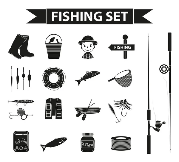 Rybářské sady ikon, černá silueta, styl osnovy. Rybolovu kolekce objektů, prvků, izolovaných na bílém pozadí. Vektorové ilustrace, klipart. — Stockový vektor