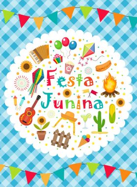 Festa tebrik kartı, davet, poster Junina. Brezilyalı Latin Amerika Festivali şablon tasarımınız için. Vektör çizim.