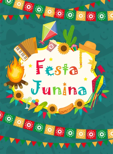 Festa Junina ευχετήρια κάρτα, πρόσκληση, αφίσα. Βραζιλίας λατινοαμερικάνικο Φεστιβάλ πρότυπο για το σχεδιασμό σας. Εικονογράφηση διάνυσμα. — Διανυσματικό Αρχείο