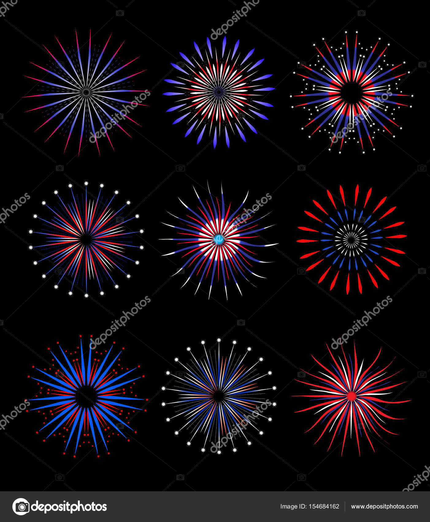 Fuochi d artificio salute a colori tradizionali Usa set di elementi per il vostro disegno Americas Independence Day 4 luglio concetto
