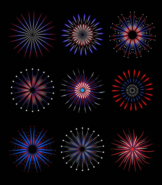 Feuerwerk, Salut in traditionellen Farben usa eine Reihe von Elementen für Ihr Design. Amerikas Unabhängigkeitstag am 4. Juli. Vektorillustration. — Stockvektor